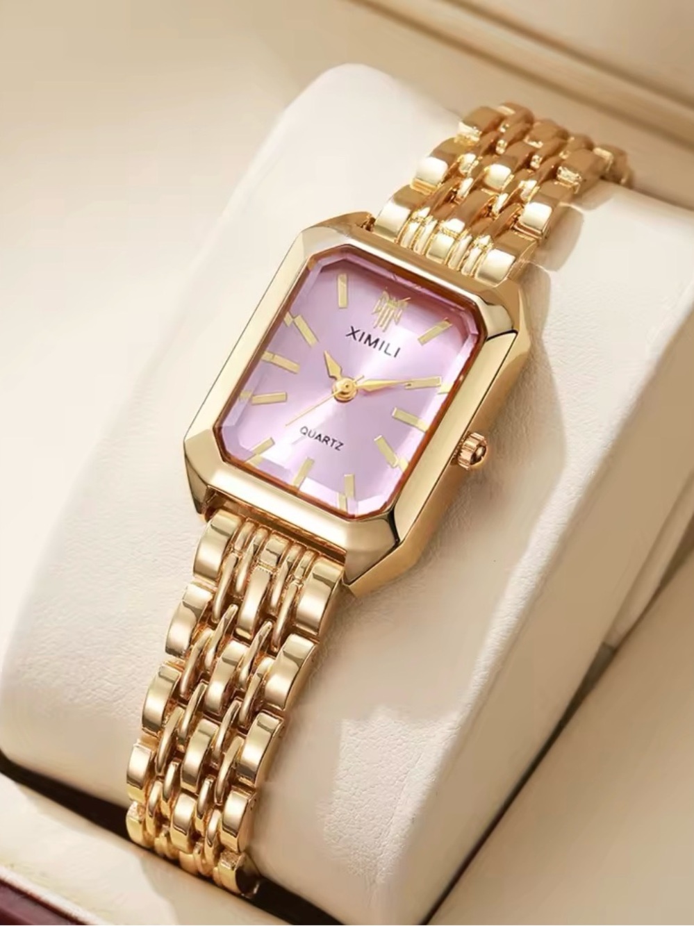 Gold Statement Bracelet Watch with Pink Dial